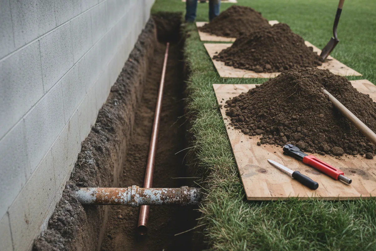 Excavated water line trench during Water Heater Repair in Kansas